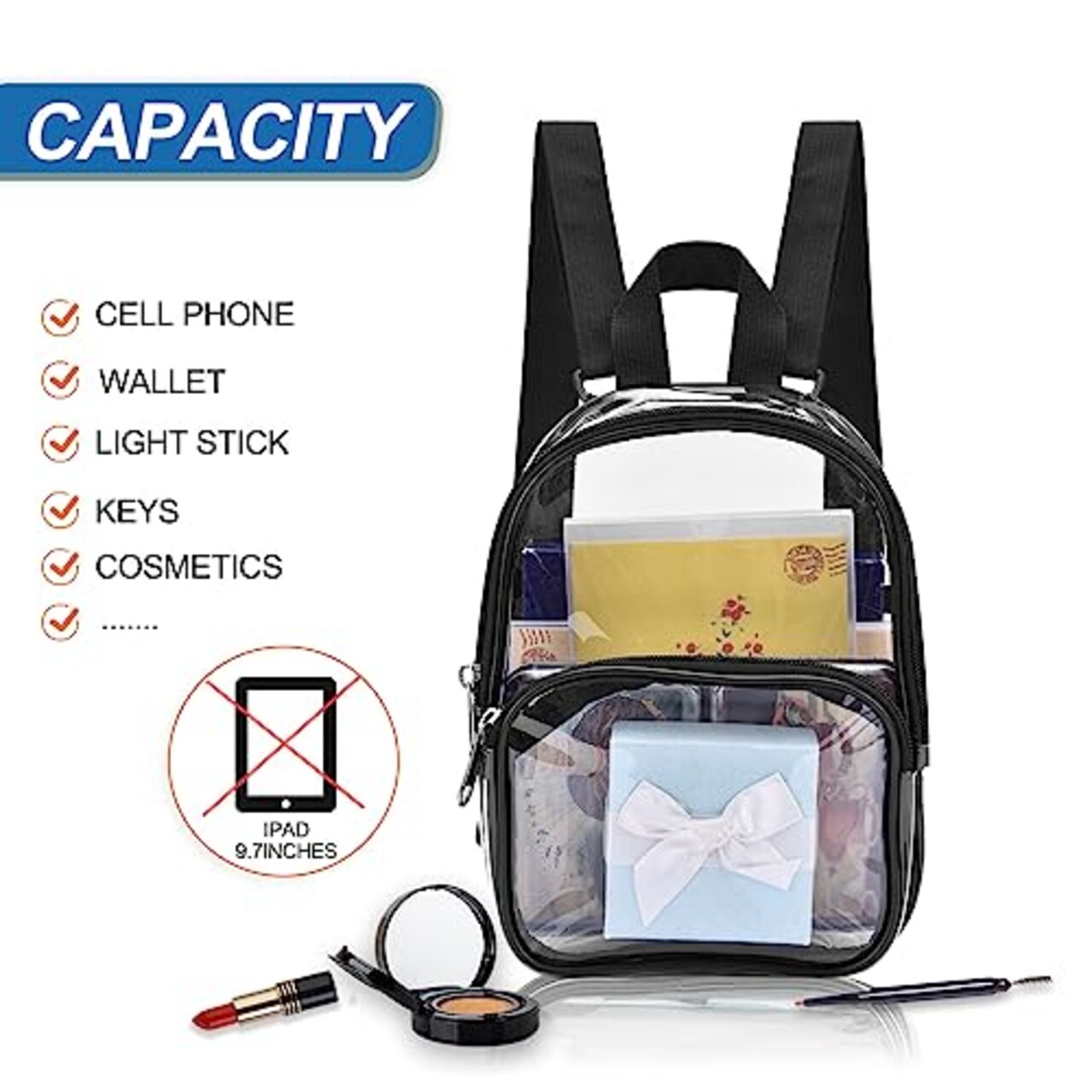 Clear Mini Backpack Stadium Approved, Size 7.5"x2.8"x9" for Girls, for Concert, Festival, Sport Events&Daily Use(Black)